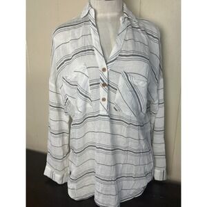 Mahina Top Women's Medium Striped Tunic Top Button Down Long Sleeve Casual Shirt